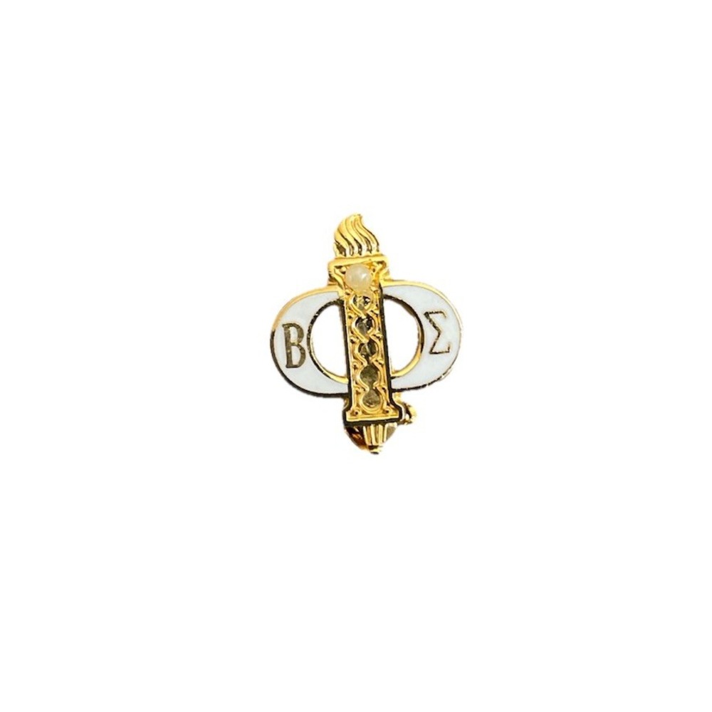 Beta Sigma Phi Sorority Pin Gold Tone Faux Seed Pearl Torch Pinback